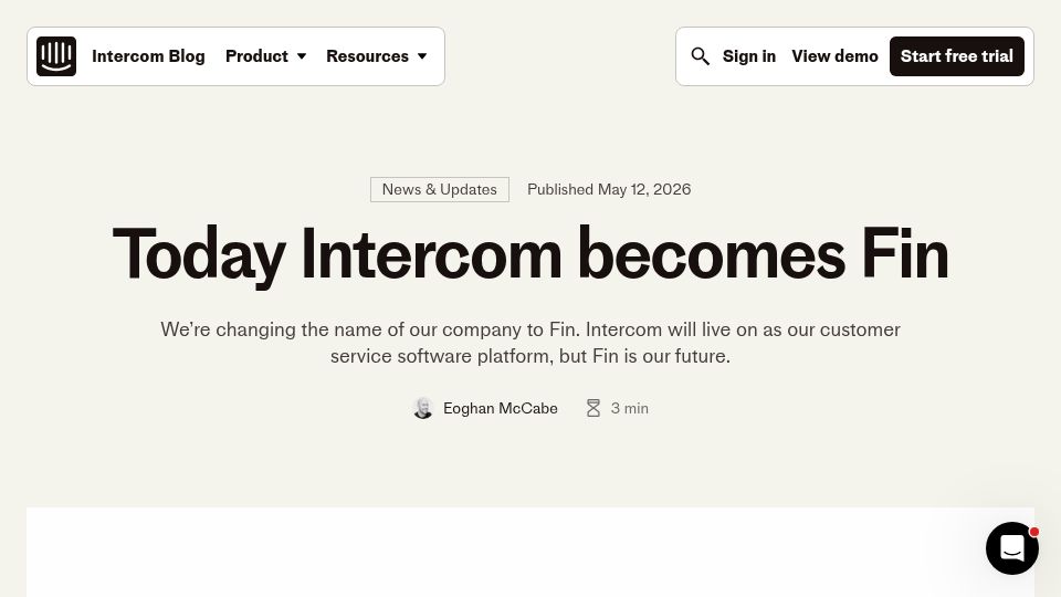 Screenshot of intercom.com: Intercom changes name to Fin