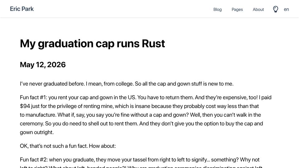 Screenshot of ericswpark.com: My graduation cap runs Rust