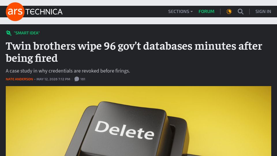 Screenshot of arstechnica.com: Twin brothers wipe 96 government databases minutes after being fired