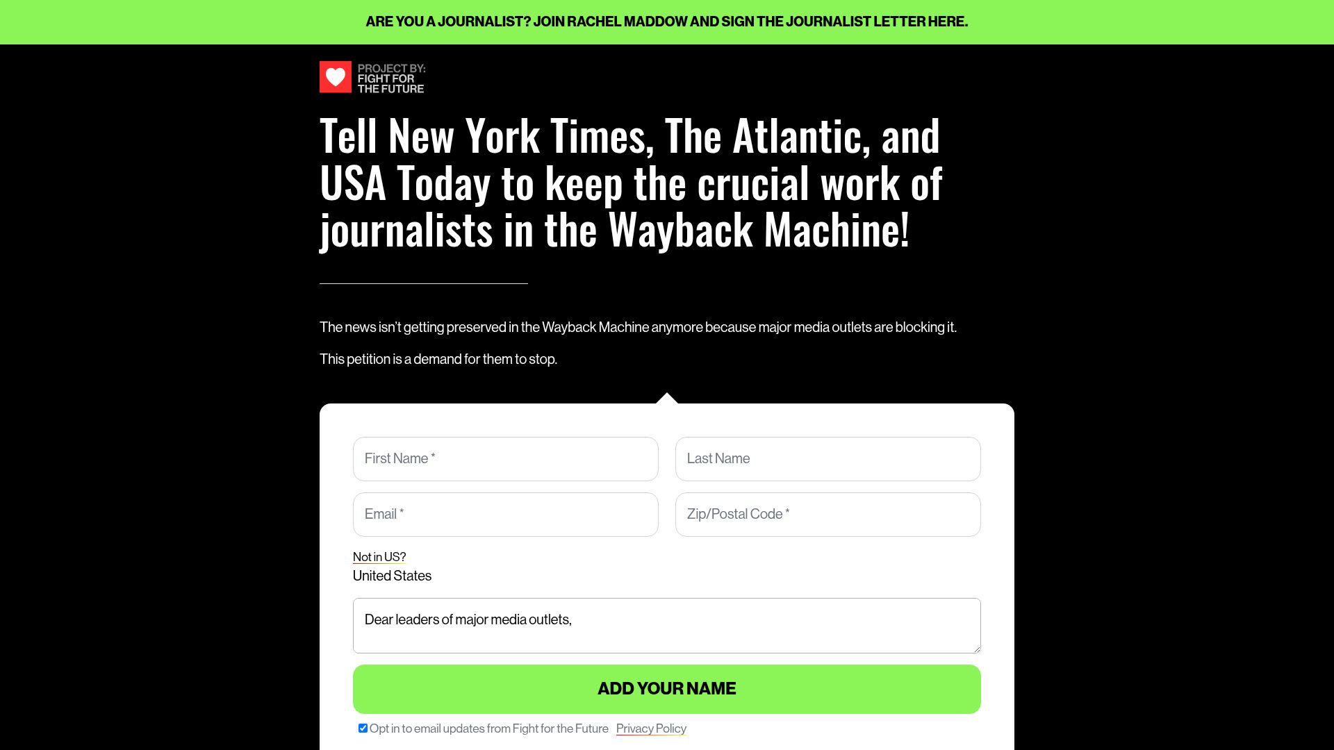 Screenshot of savethearchive.com: Tell NYT, Atlantic, USA Today to keep Wayback Machine