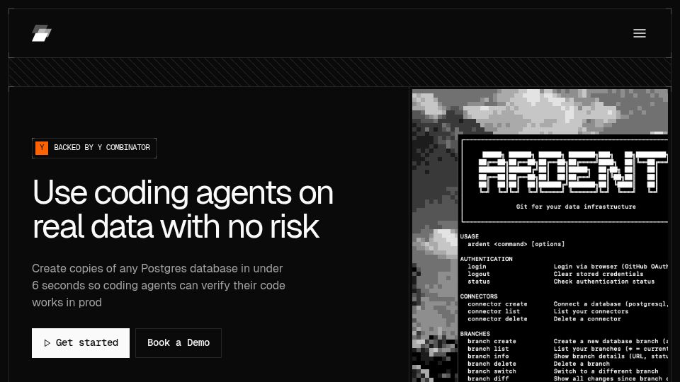 Screenshot of tryardent.com: Launch HN: Ardent (YC P26) – Postgres sandboxes in seconds with zero migration