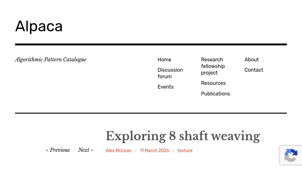 Screenshot of algorithmicpattern.org: Exploring 8 Shaft Weaving