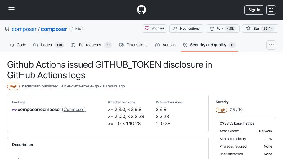Screenshot of github.com: Composer leaks contents of tokens configured as GitHub OAuth tokens