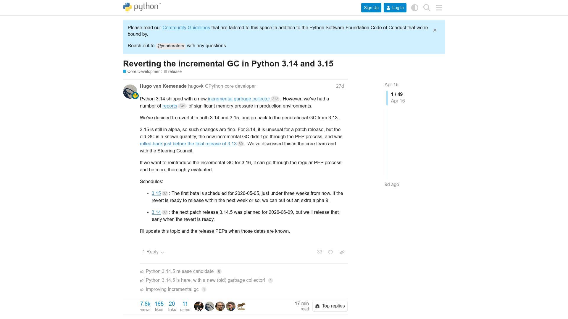 Screenshot of discuss.python.org: Reverting the incremental GC in Python 3.14 and 3.15