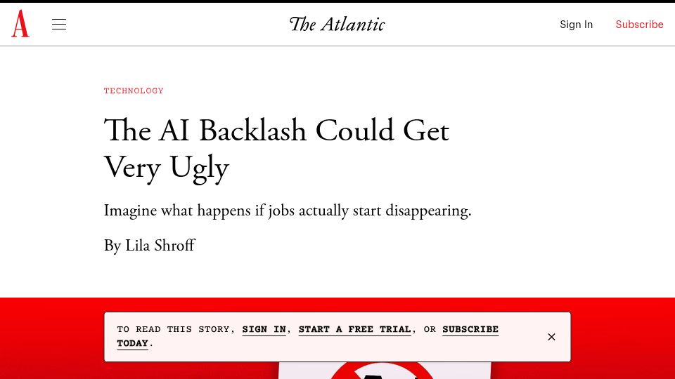Screenshot of theatlantic.com: The AI Backlash Could Get Ugly