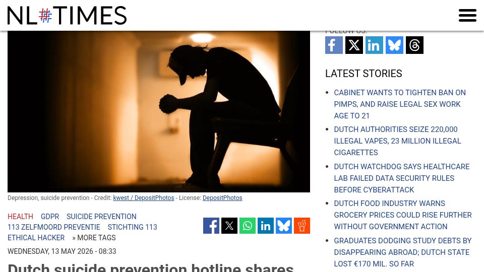 Screenshot of nltimes.nl: Dutch suicide prevention website shares data with tech companies without consent