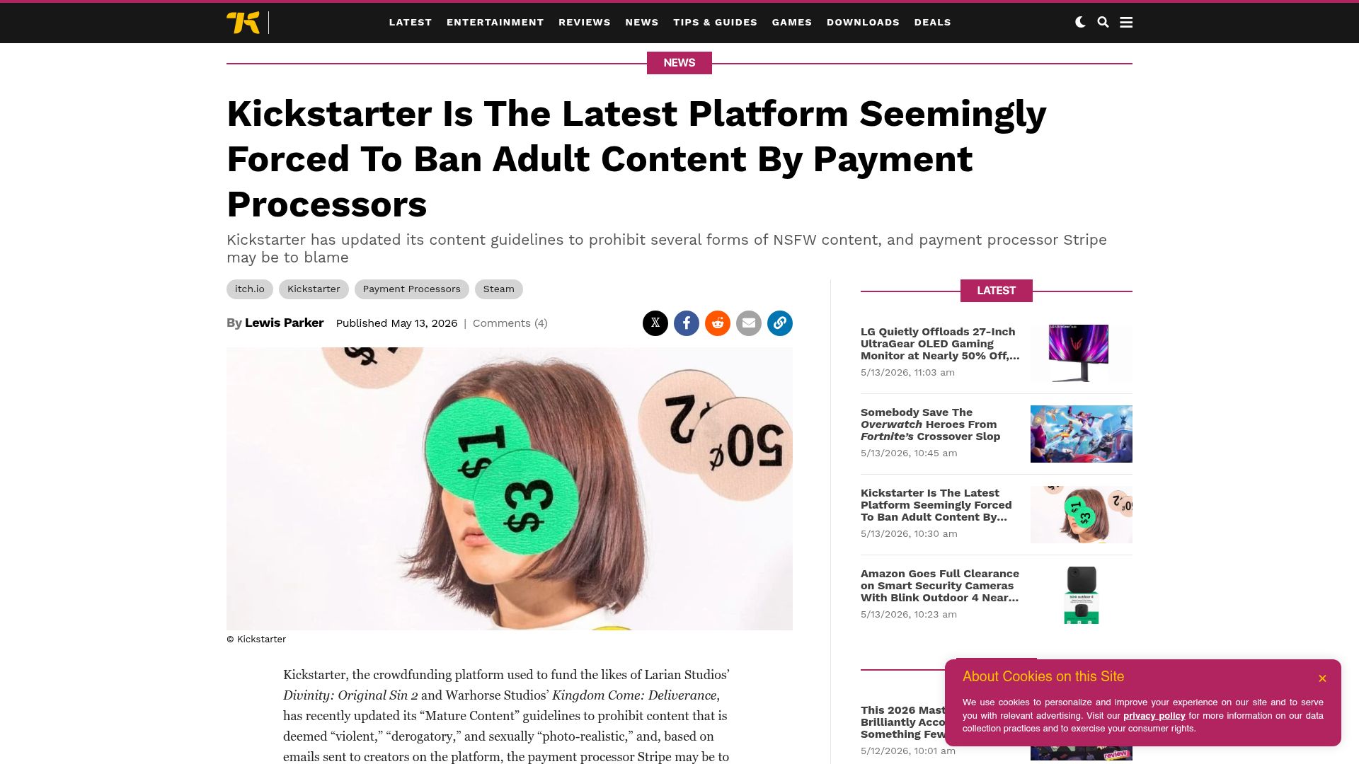 Screenshot of kotaku.com: Kickstarter is forced to ban adult content by payment processors