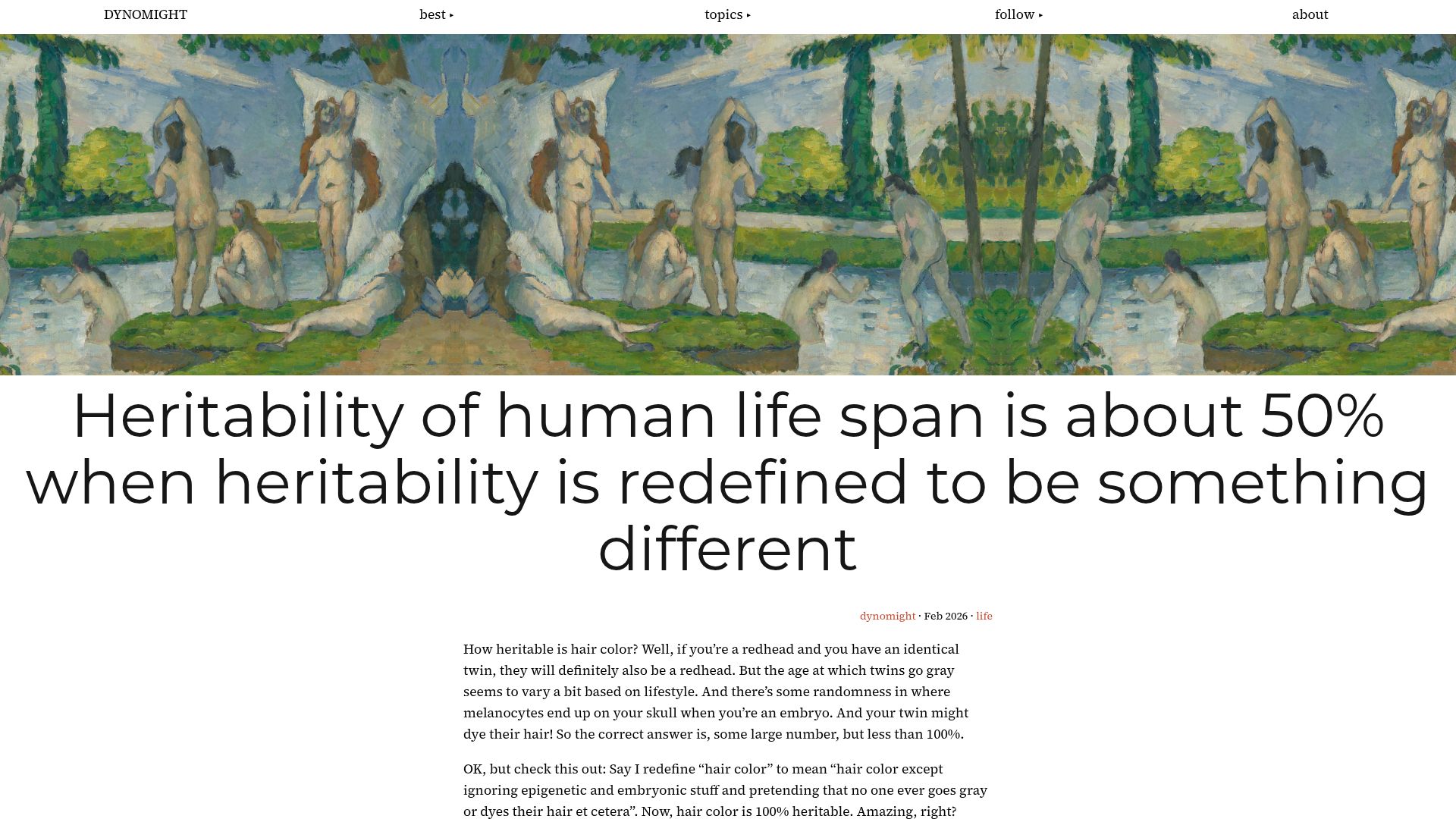 Screenshot of dynomight.net: Heritability of human life span is ~50% when heritability is redefined