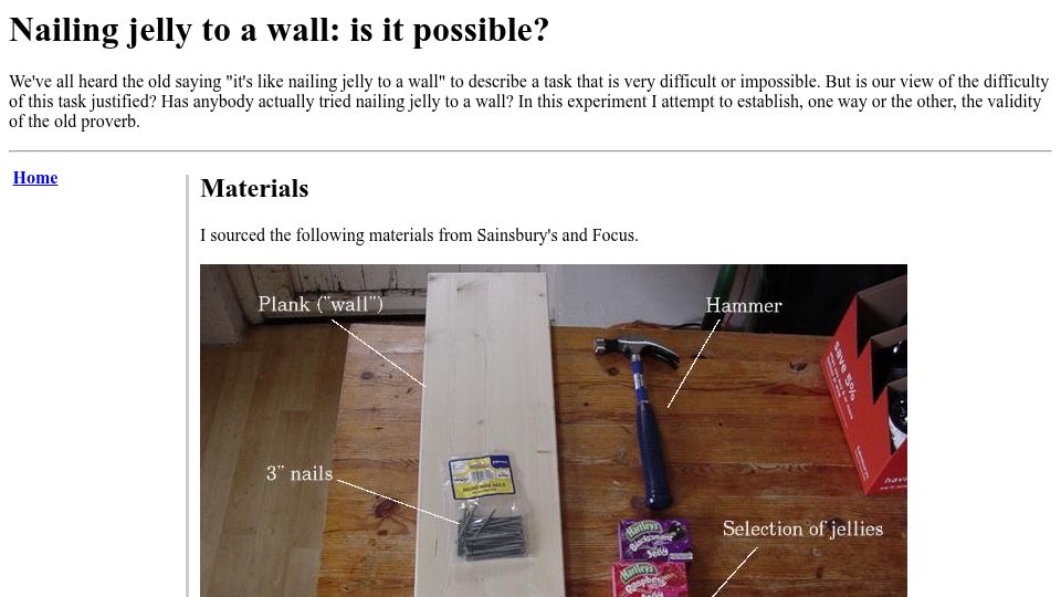 Screenshot of greem.co.uk: Nailing jelly to a wall: is it possible? (2005)