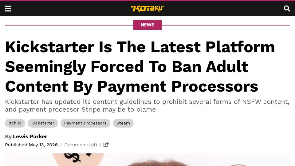 Screenshot of kotaku.com: Kickstarter is forced to ban adult content by payment processors