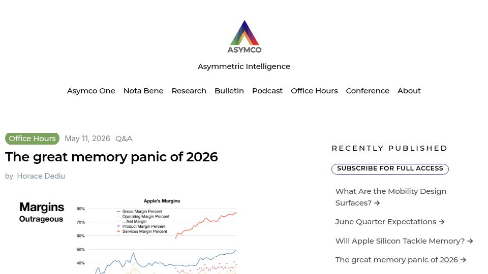Screenshot of asymco.com: How can Apple deal with the memory shortage?