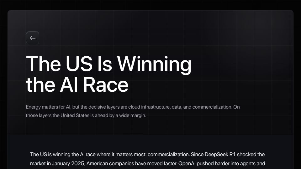 Screenshot of avkcode.github.io: The US is winning the AI race where it matters most: commercialization
