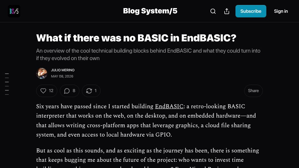 Screenshot of blogsystem5.substack.com: What if there was no BASIC in EndBASIC?