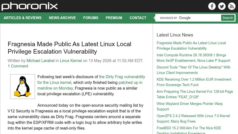 Screenshot of phoronix.com: Fragnesia Made Public as Latest Linux Local Privilege Escalation Vulnerability