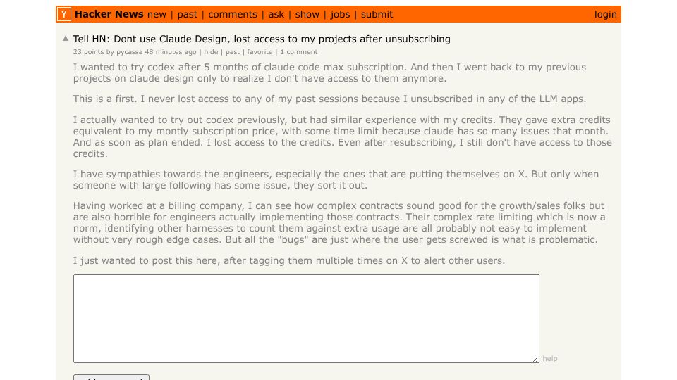 Screenshot of Hacker News post: Tell HN: Dont use Claude Design, lost access to my projects after unsubscribing