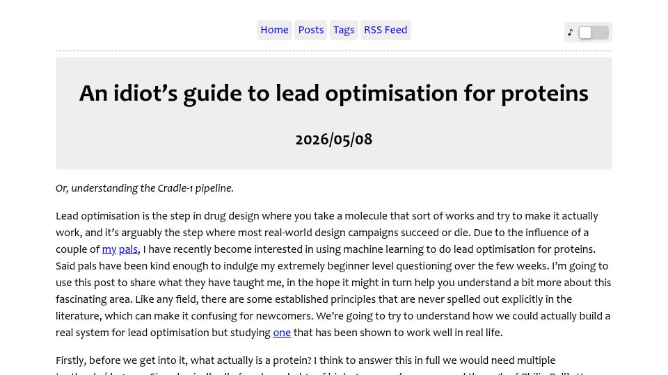 Screenshot of magnusross.github.io: An idiot’s guide to lead optimisation for proteins