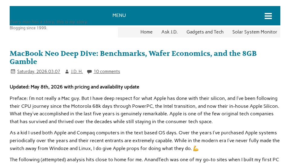 Screenshot of jdhodges.com: MacBook Neo Deep Dive: Benchmarks, Wafer Economics, and the 8GB Gamble