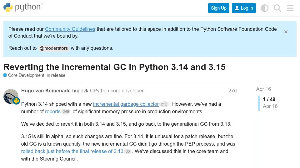 Screenshot of discuss.python.org: Reverting the incremental GC in Python 3.14 and 3.15