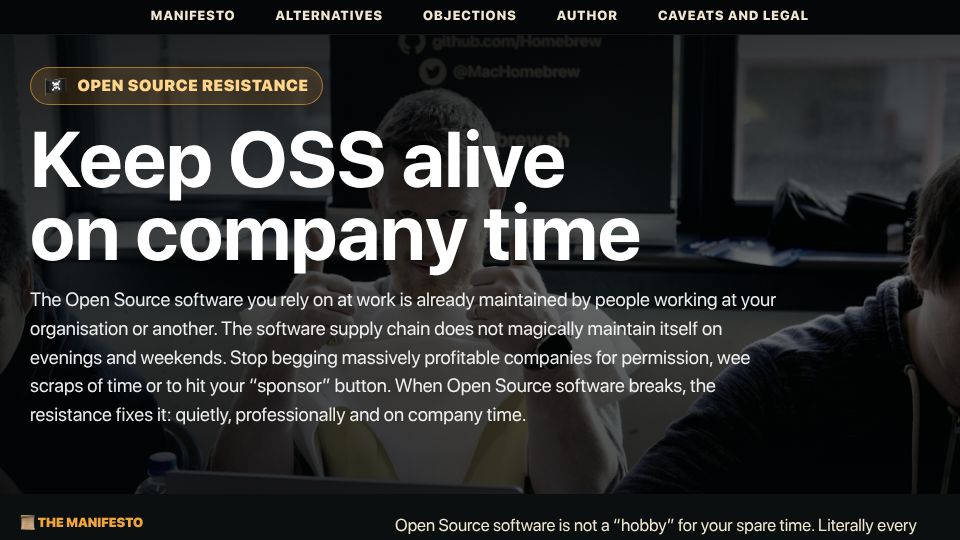 Screenshot of ossresistance.com: Open Source Resistance: keep OSS alive on company time