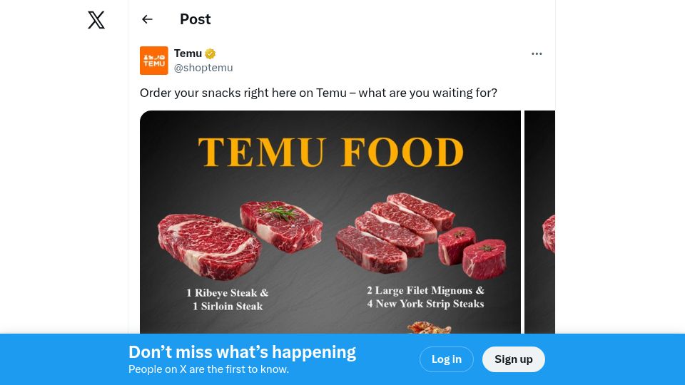 Screenshot of twitter.com: Temu is advertising filet mignon on X