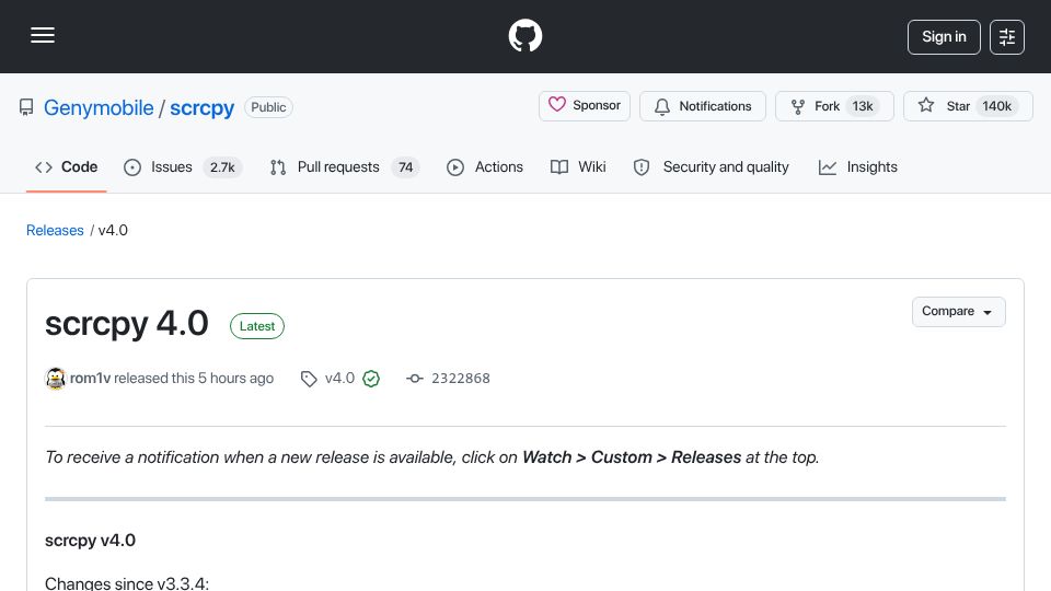 Screenshot of github.com: Scrcpy v4.0