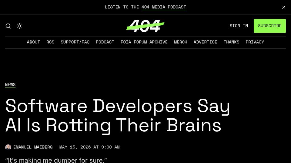 Screenshot of 404media.co: Software Developers Say AI Is Rotting Their Brains