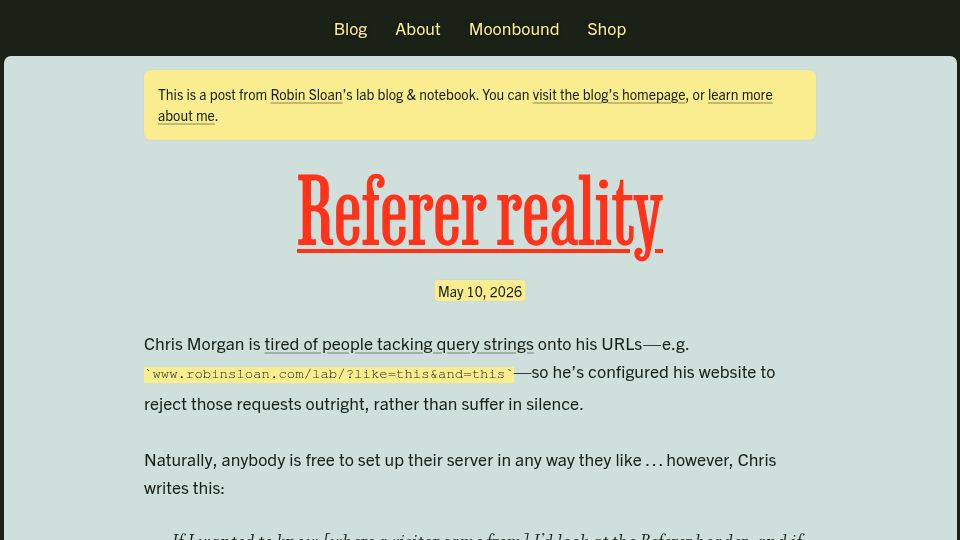 Screenshot of robinsloan.com: Referer Reality