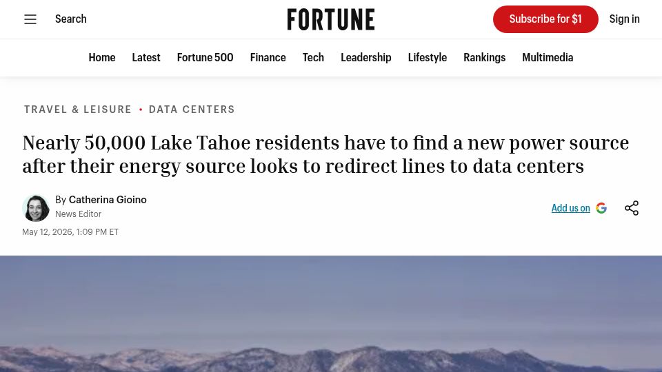Screenshot of fortune.com: 50K Tahoe residents need power as utility eyes redirecting lines to data centers