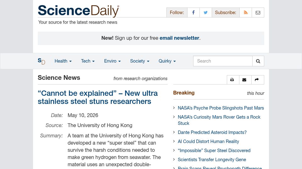 Screenshot of sciencedaily.com: New stainless steel can survive conditions for hydrogen production in seawater