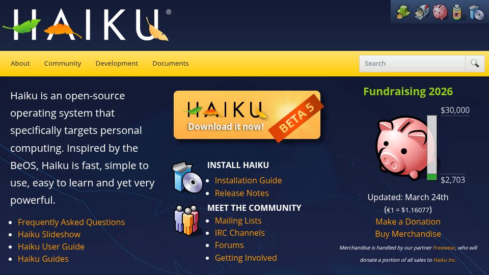 Screenshot of haiku-os.org: Haiku