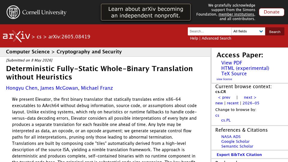 Screenshot of arxiv.org: Deterministic Fully-Static Whole-Binary Translation Without Heuristics