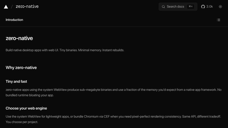Screenshot of zero-native.dev: Zero-native – Build native desktop apps with web UI