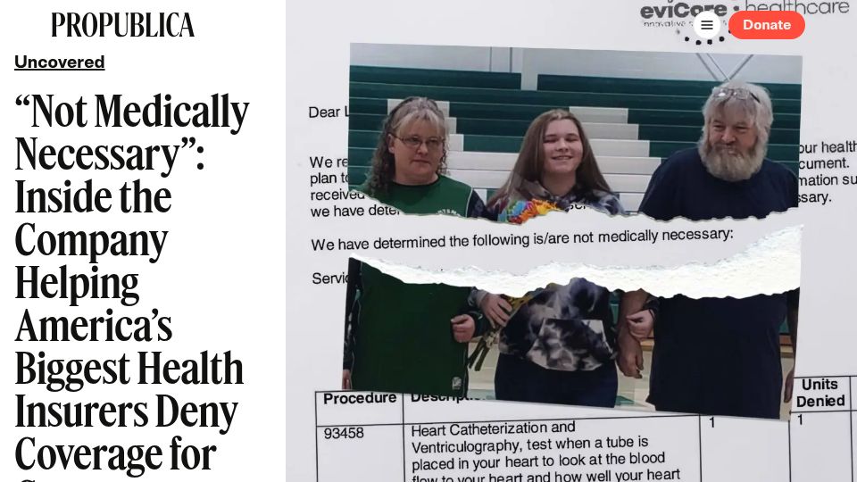 Screenshot of propublica.org: "Not Medically Necessary": Helping America's Health Insurers Deny Coverage