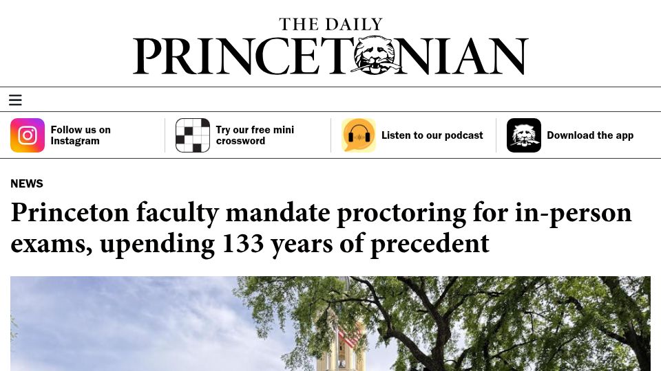 Screenshot of dailyprincetonian.com: Princeton mandates proctoring for in-person exams, upending 133 year precedent