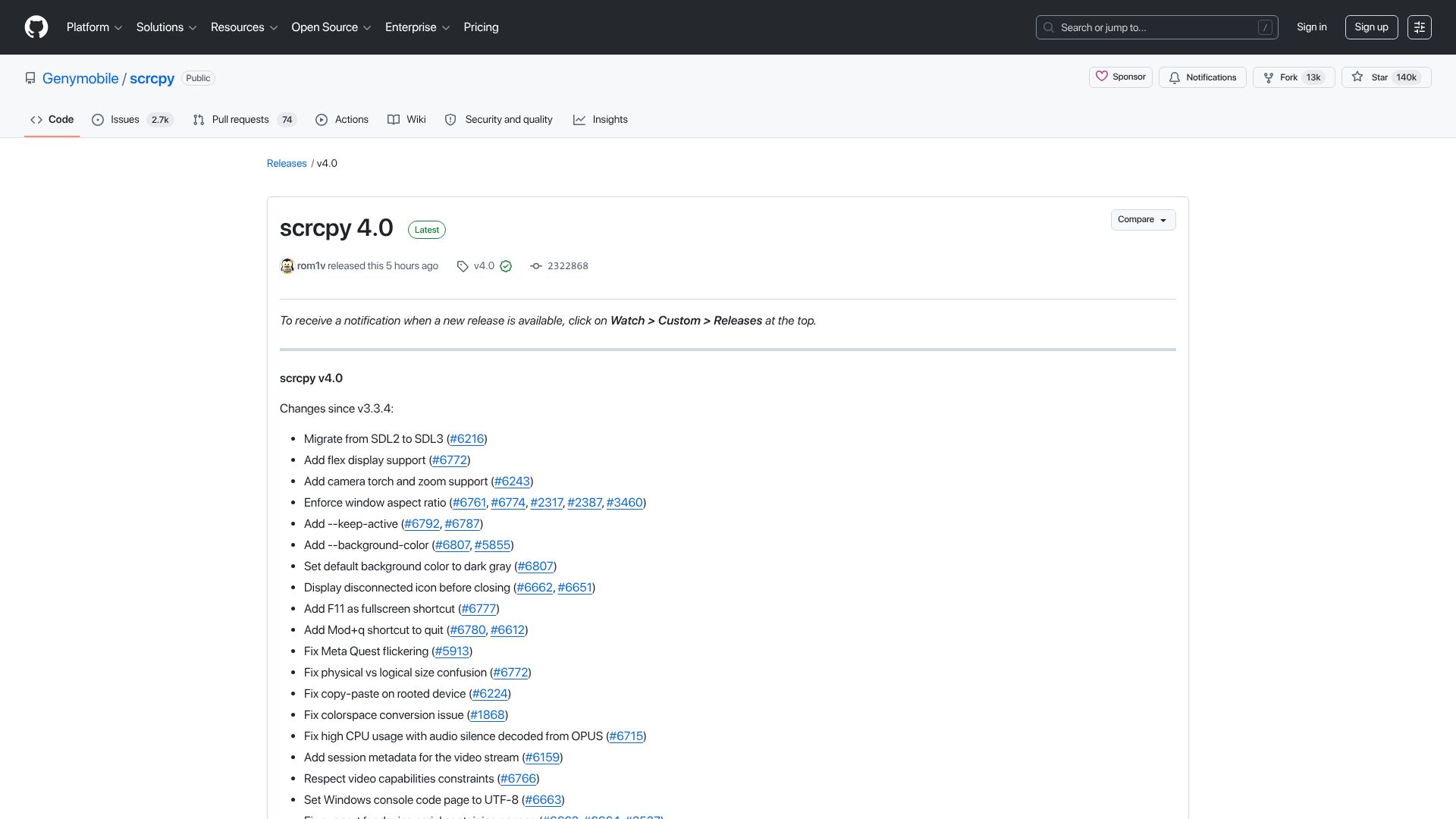 Screenshot of github.com: Scrcpy v4.0