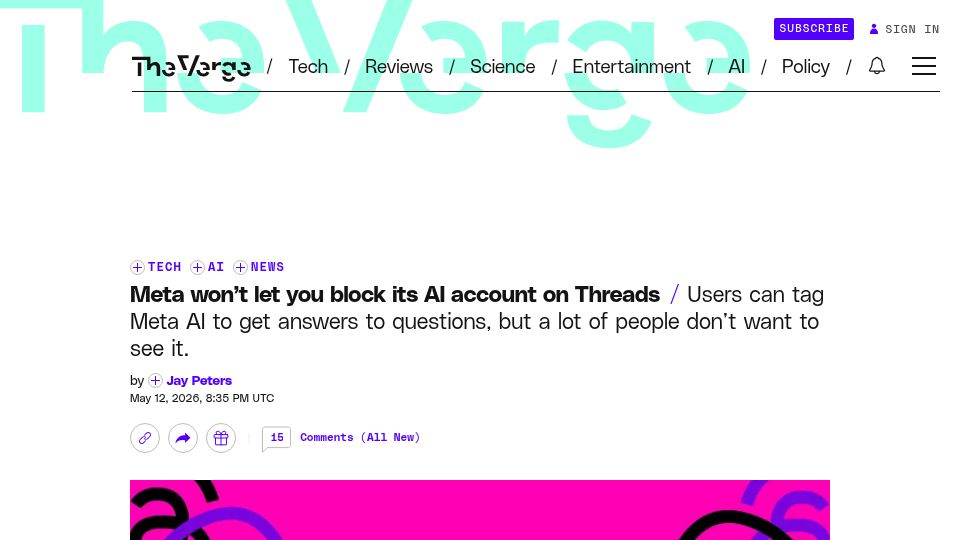 Screenshot of theverge.com: Meta won't let you block its AI account on Threads