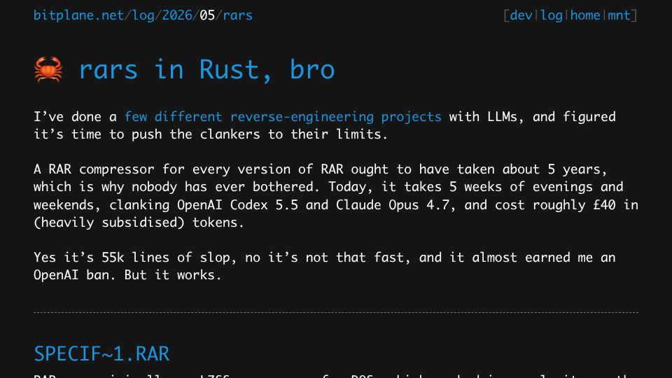 Screenshot of bitplane.net: Rars: a Rust RAR implementation, mostly written by LLMs