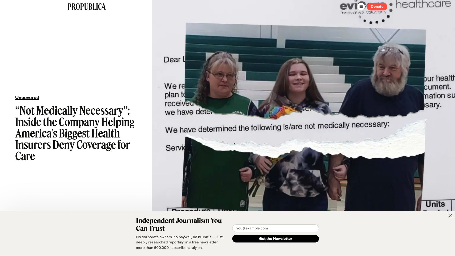Screenshot of propublica.org: "Not Medically Necessary": Helping America's Health Insurers Deny Coverage