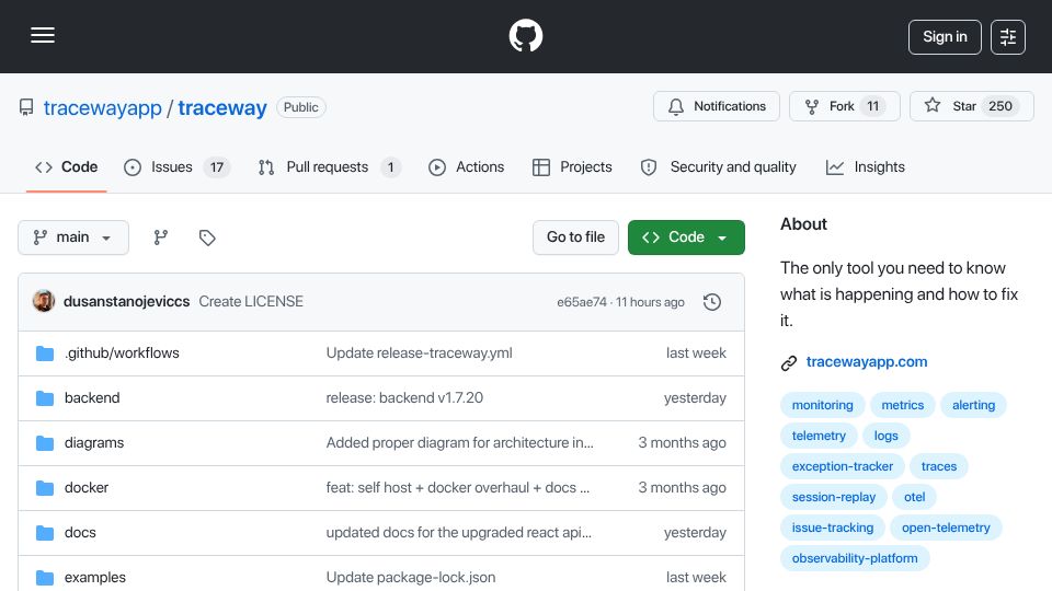 Screenshot of github.com: Traceway: MIT-licensed observability stack you can self-host in ~90s