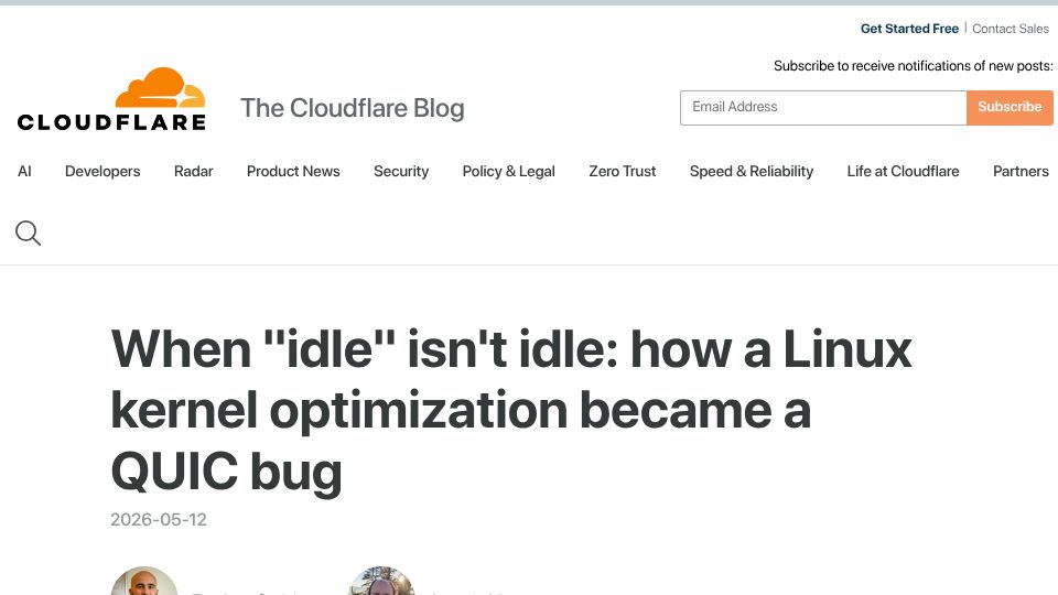 Screenshot of blog.cloudflare.com: When “idle” isn't idle: how a Linux kernel optimization became a QUIC bug