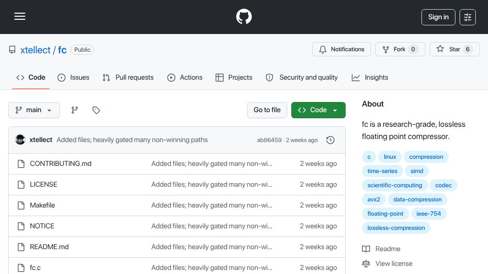 Screenshot of github.com: Fc, a lossless compressor for floating-point streams