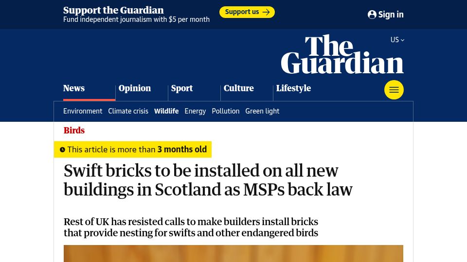 Screenshot of theguardian.com: Swift bricks to be installed on all new buildings in Scotland