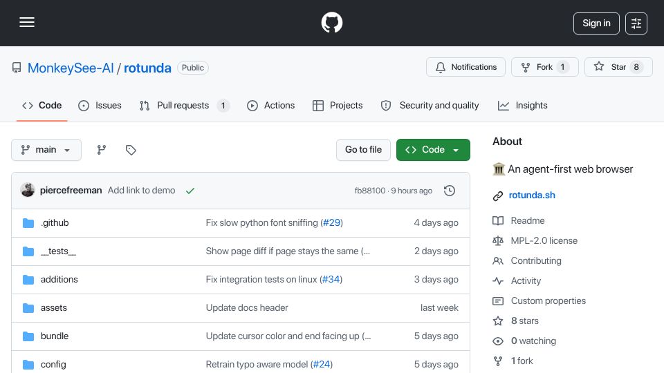 Screenshot of github.com: Show HN: Rotunda - A browser built for agents with simulated typing