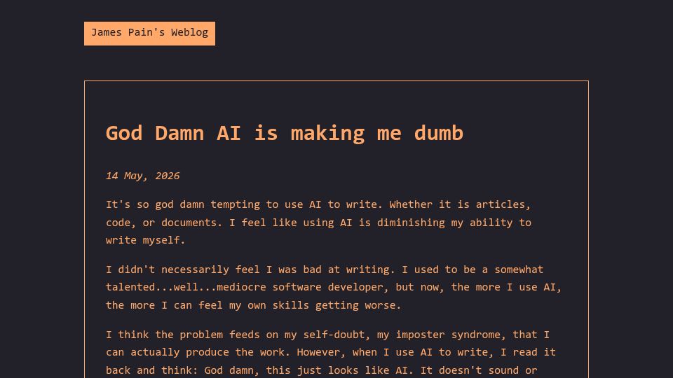 Screenshot of jpain.io: AI is making me dumb