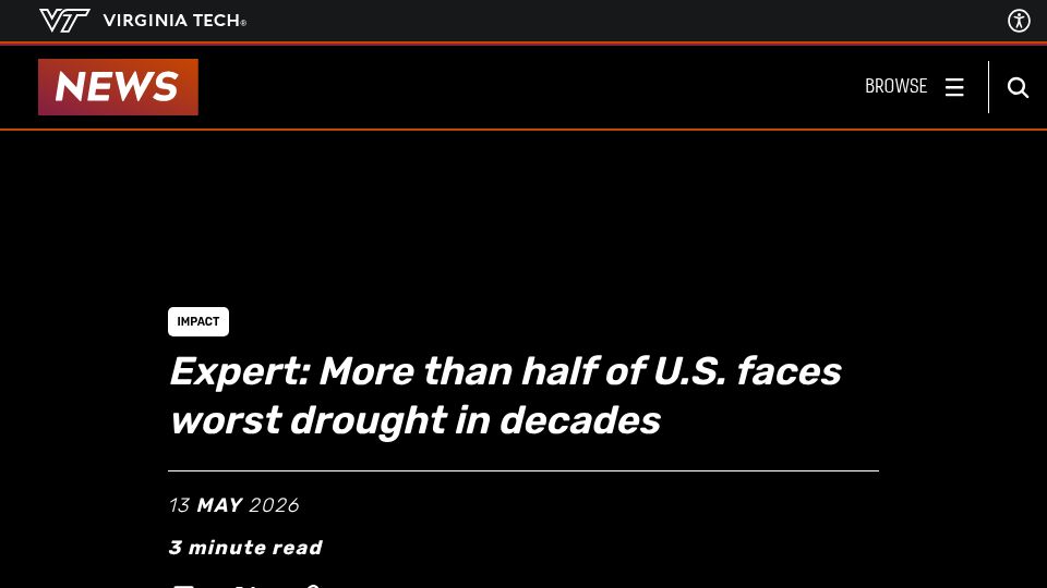 Screenshot of news.vt.edu: More than sixty percent of the United States is experiencing drought conditions