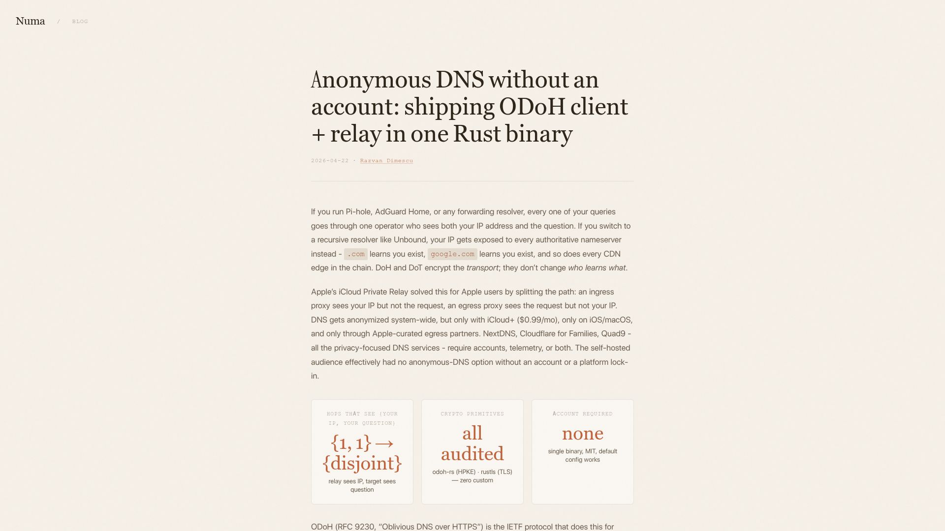 Screenshot of numa.rs: Show HN: Running the second public ODoH relay
