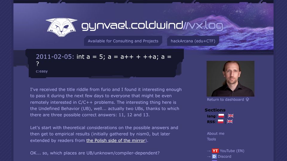 Screenshot of gynvael.coldwind.pl: Int a = 5; a = a++ + ++a; a =? (2011)