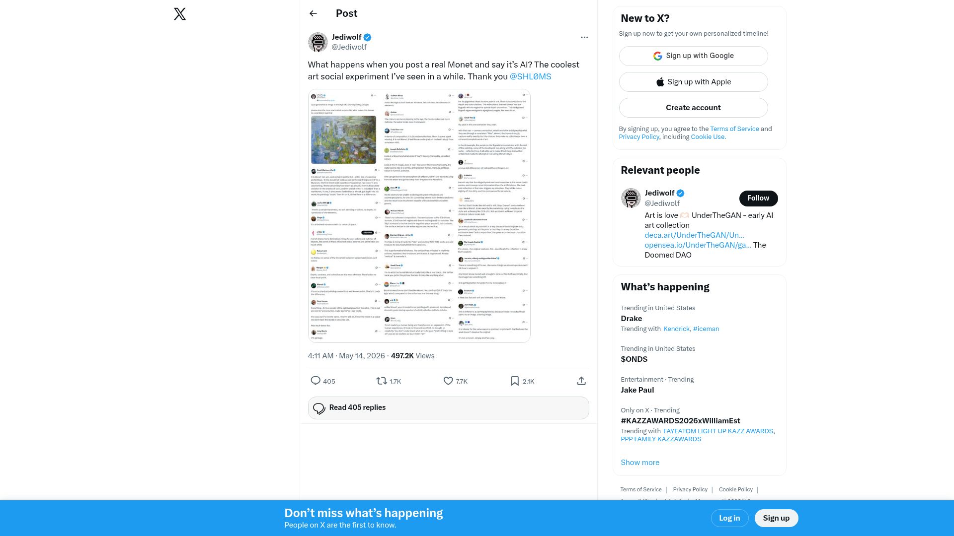 Screenshot of twitter.com: What happens when you post a real Monet and say it's AI?