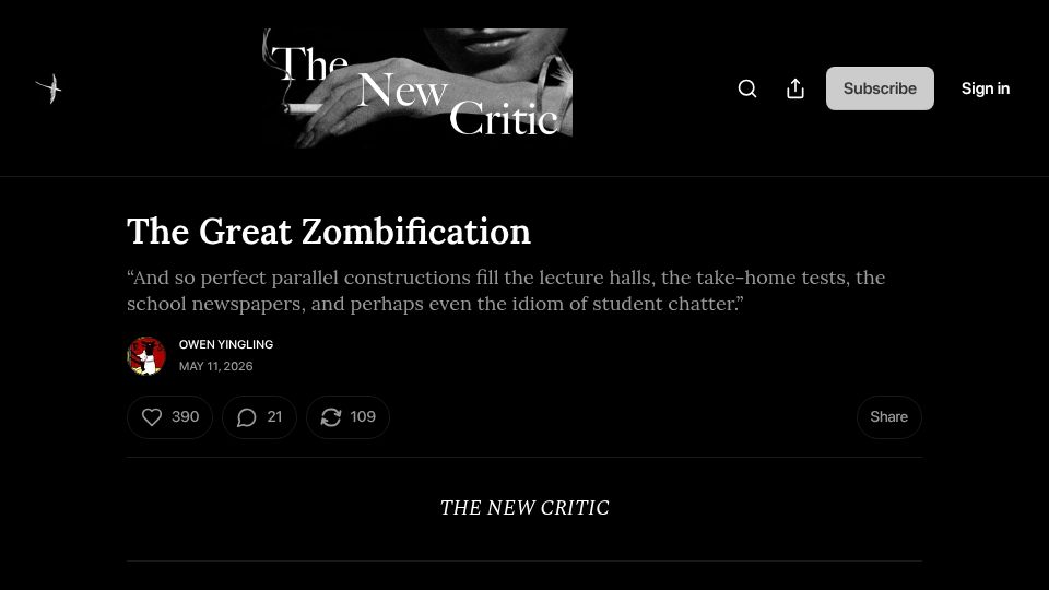 Screenshot of thenewcritic.com: The AI Zombification of Universities
