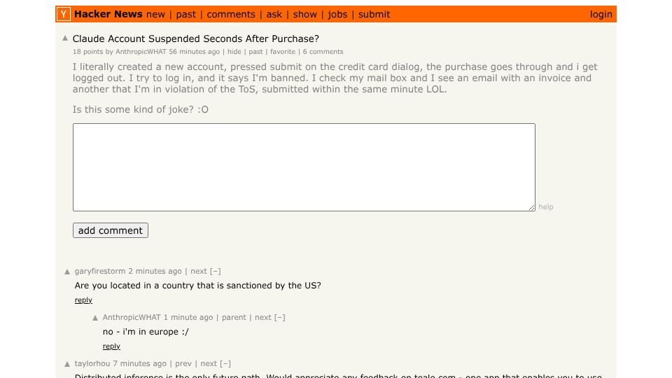 Screenshot of Hacker News post: Claude Account Suspended Seconds After Purchase?